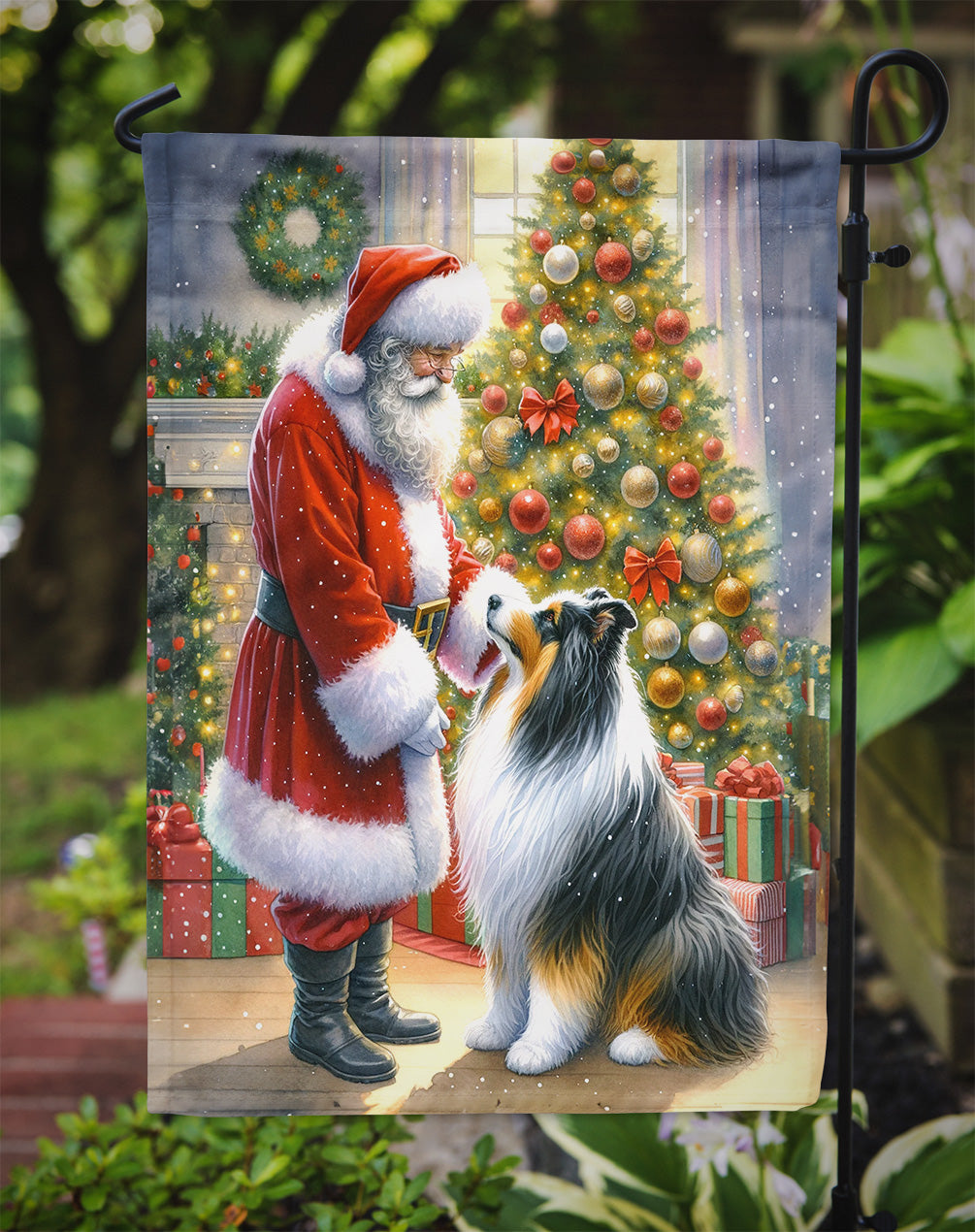 Collie and Santa Claus Garden Flag