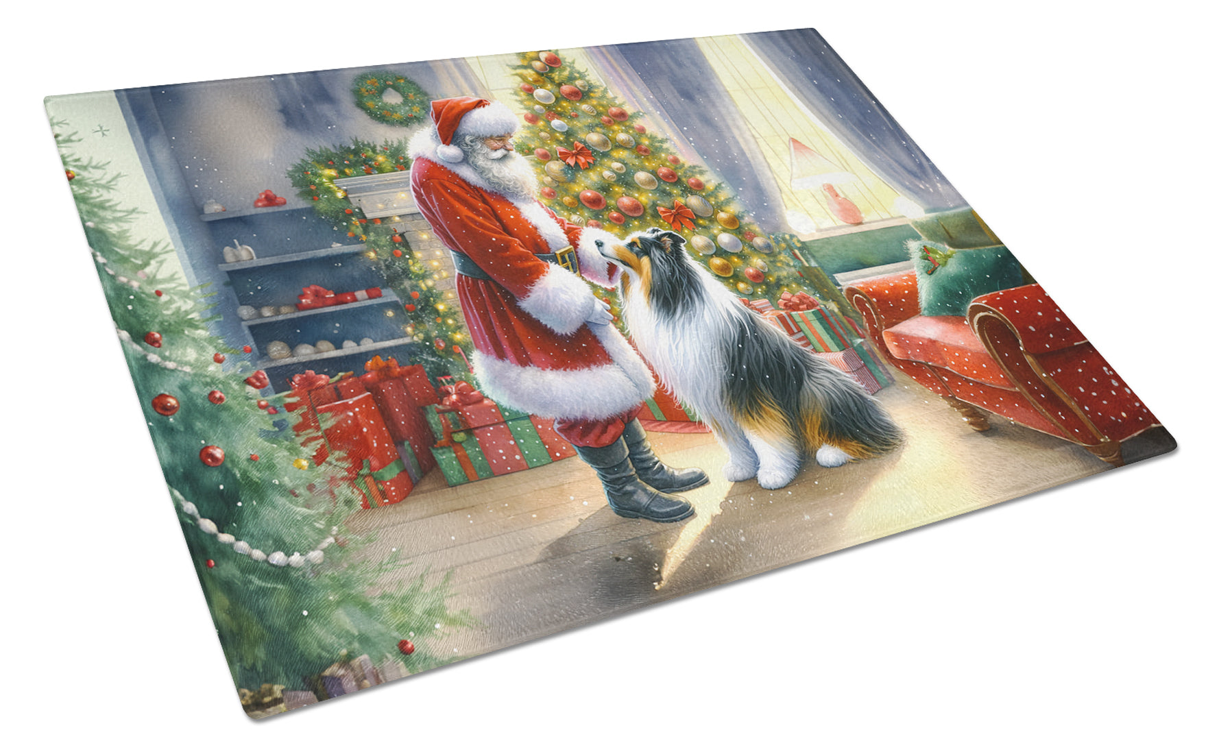 Buy this Collie and Santa Claus Glass Cutting Board