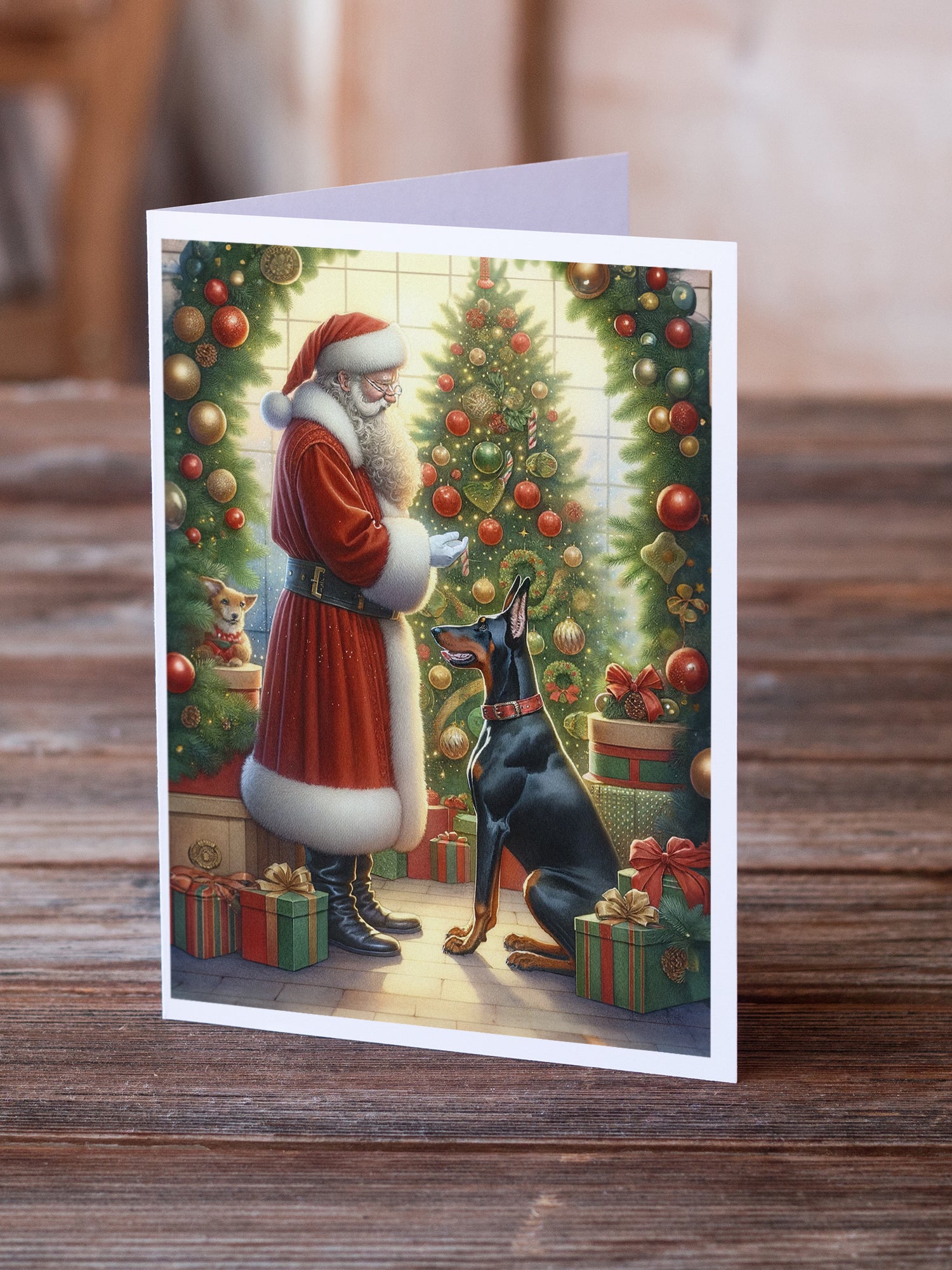 Doberman Pinscher and Santa Claus Greeting Cards Pack of 8