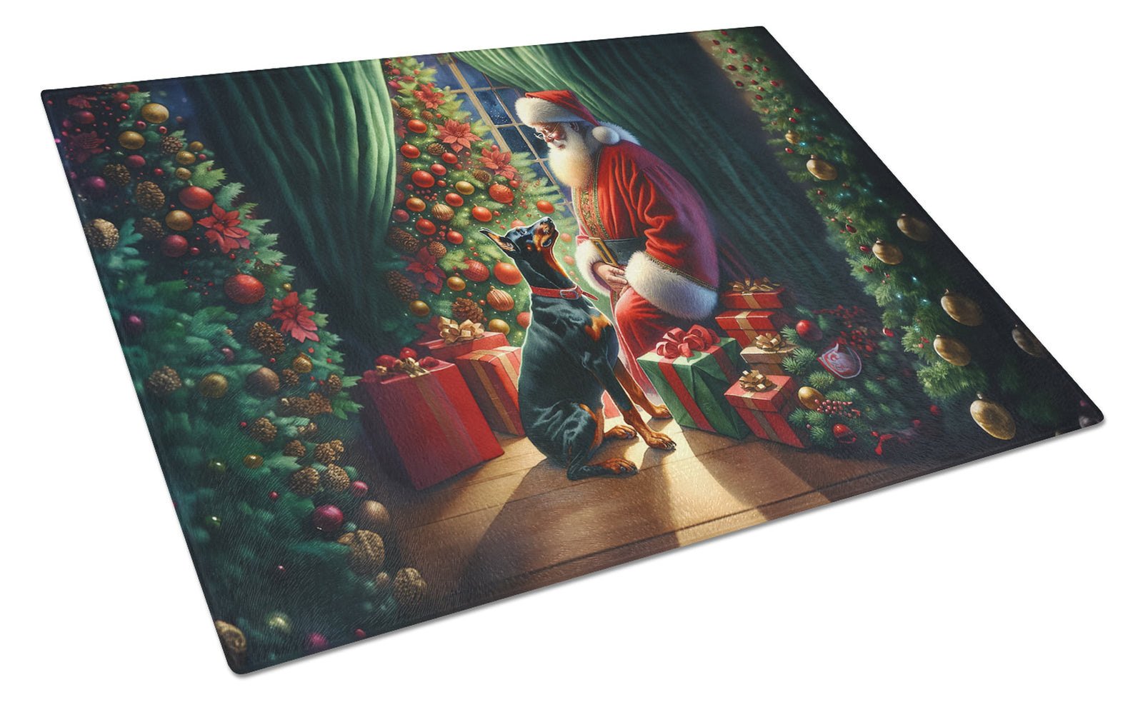 Buy this Doberman Pinscher and Santa Claus Glass Cutting Board