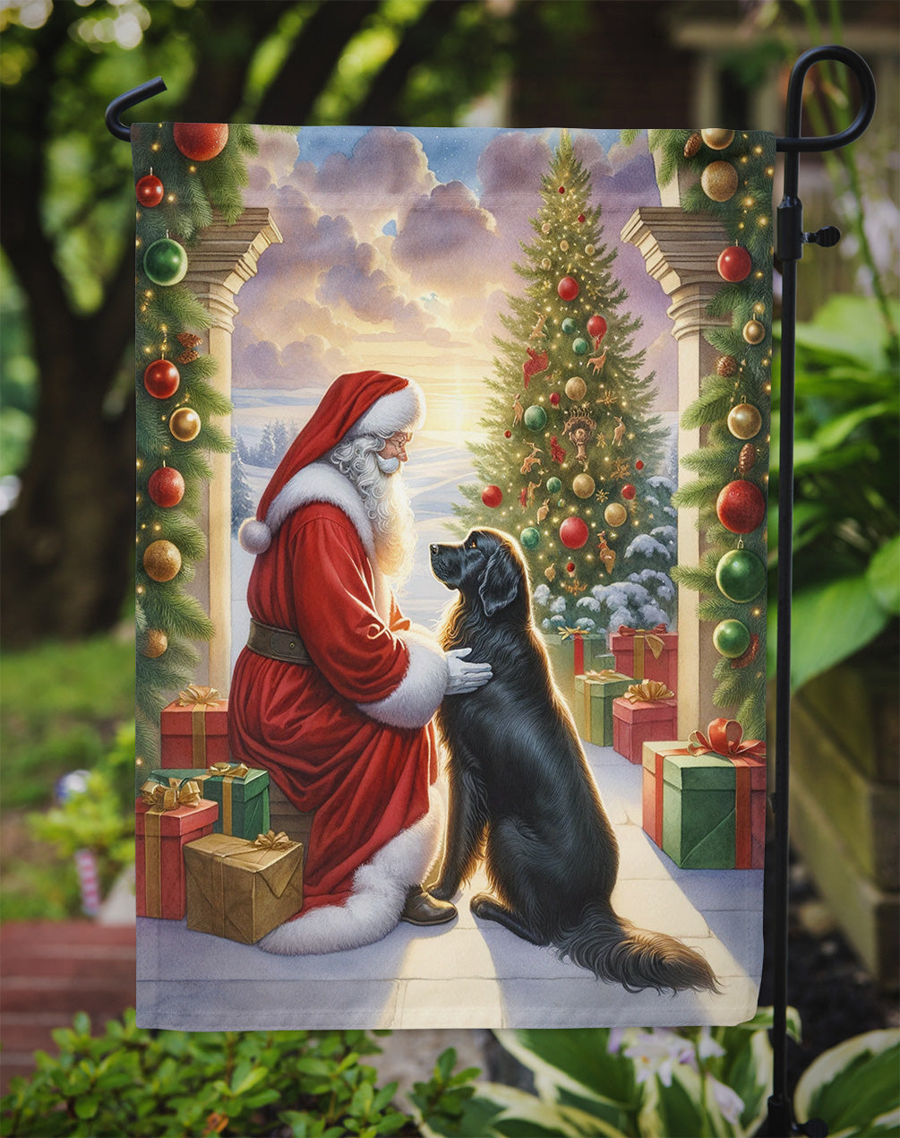 Flat-Coated Retriever and Santa Claus Garden Flag