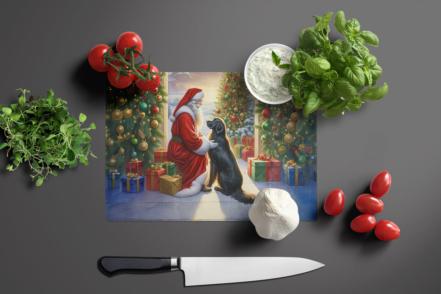 Flat-Coated Retriever and Santa Claus Glass Cutting Board