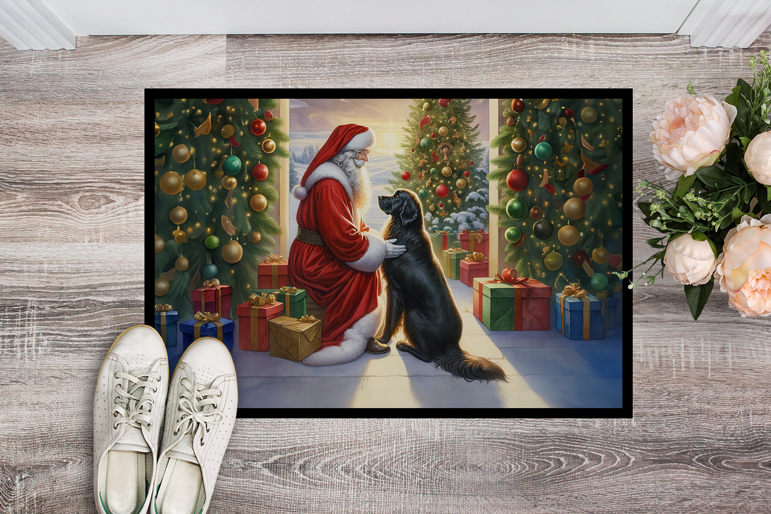 Flat-Coated Retriever and Santa Claus Doormat