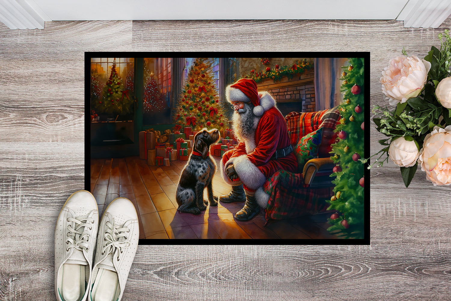 German Wirehaired Pointer and Santa Claus Doormat