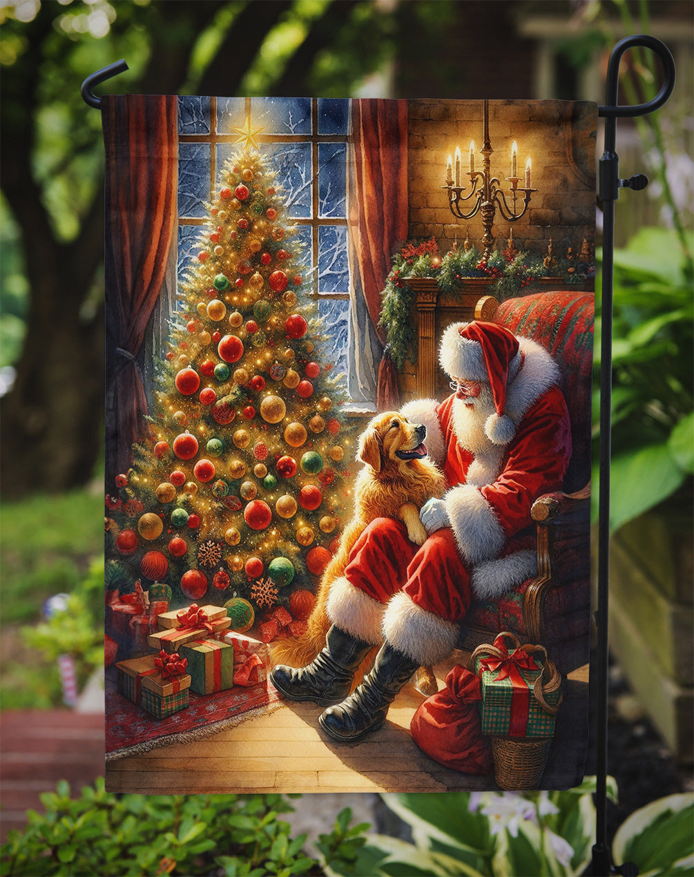 Golden Retriever and Santa Claus Garden Flag