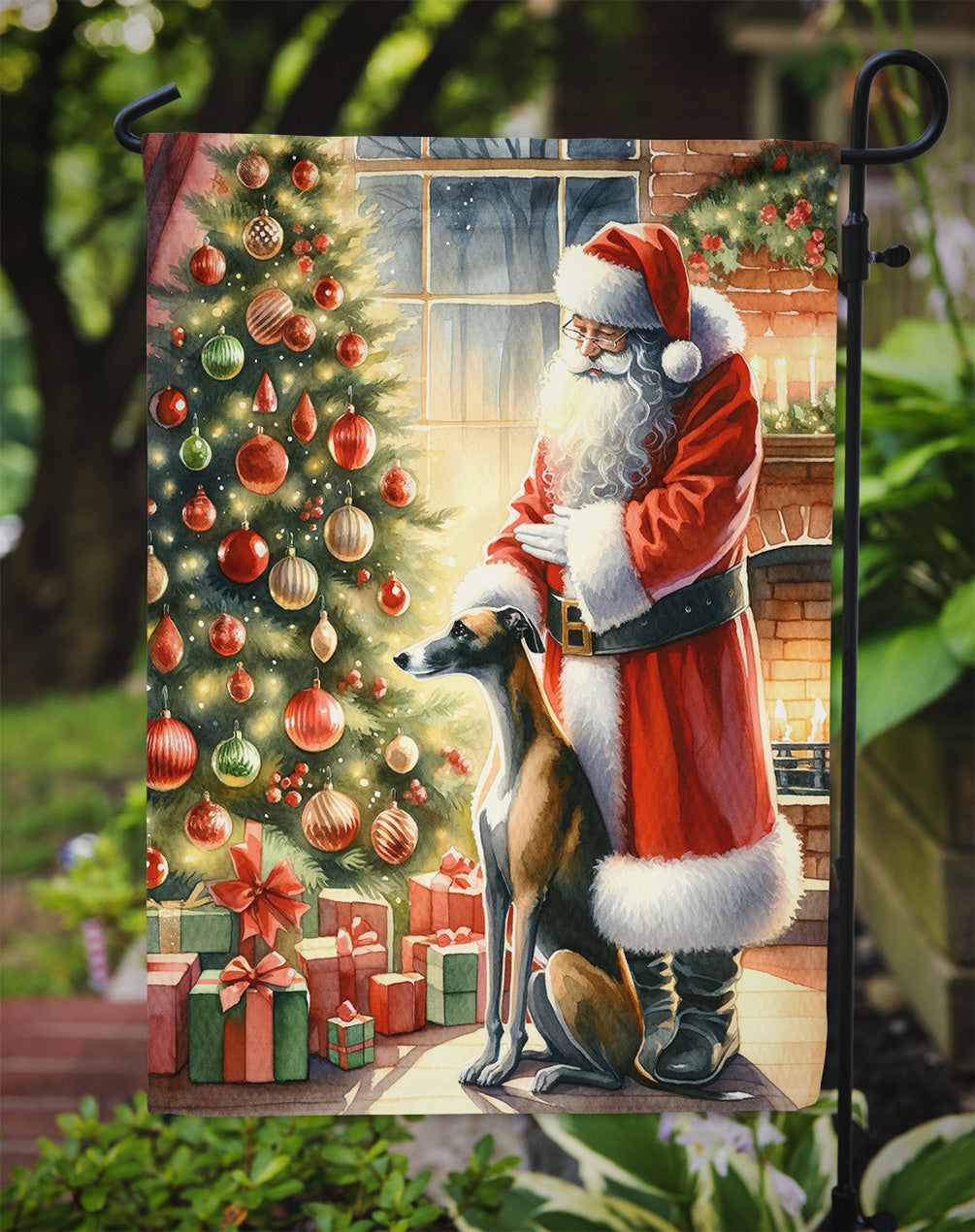 Greyhound and Santa Claus Garden Flag