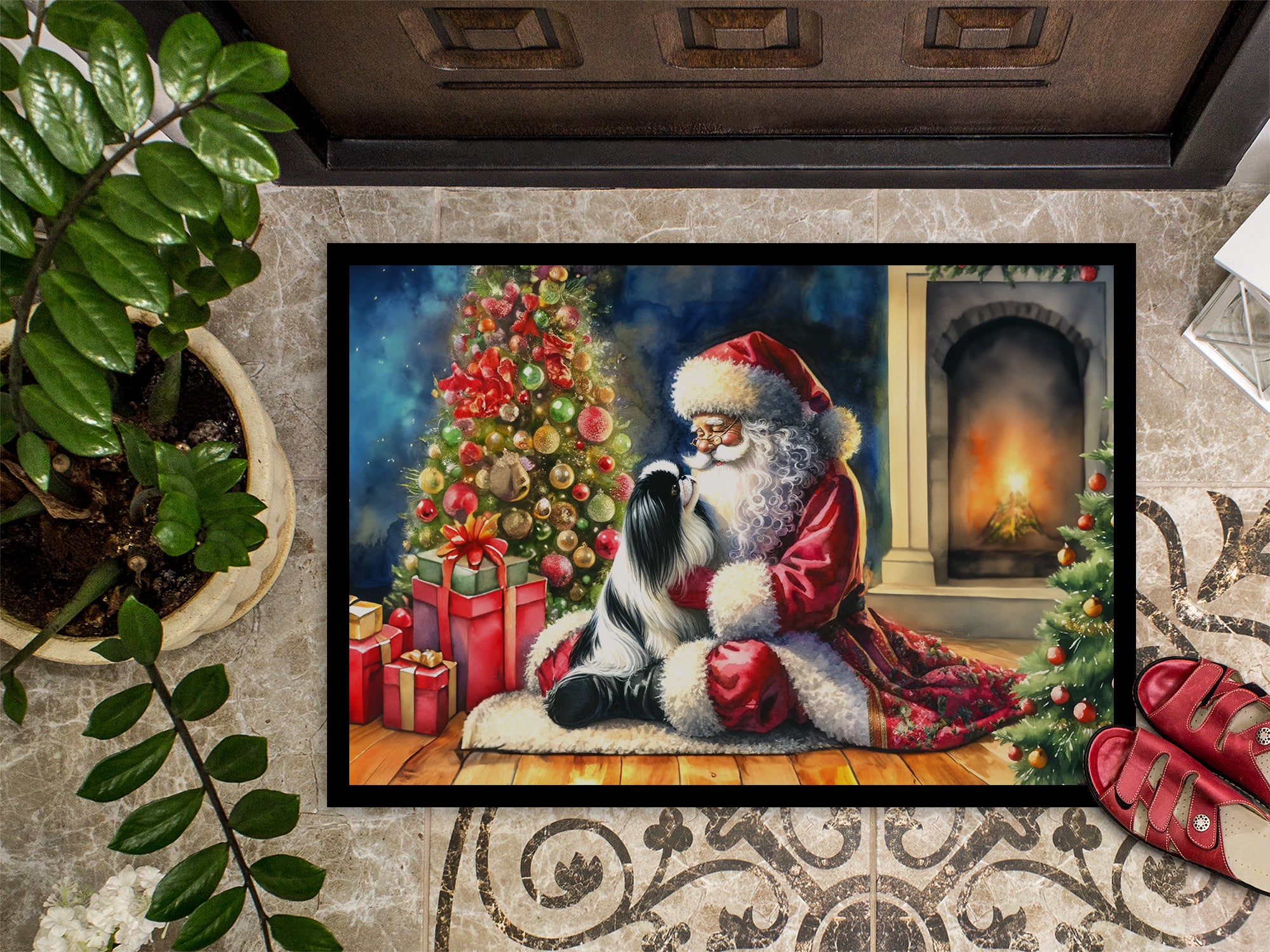 Japanese Chin and Santa Claus Doormat