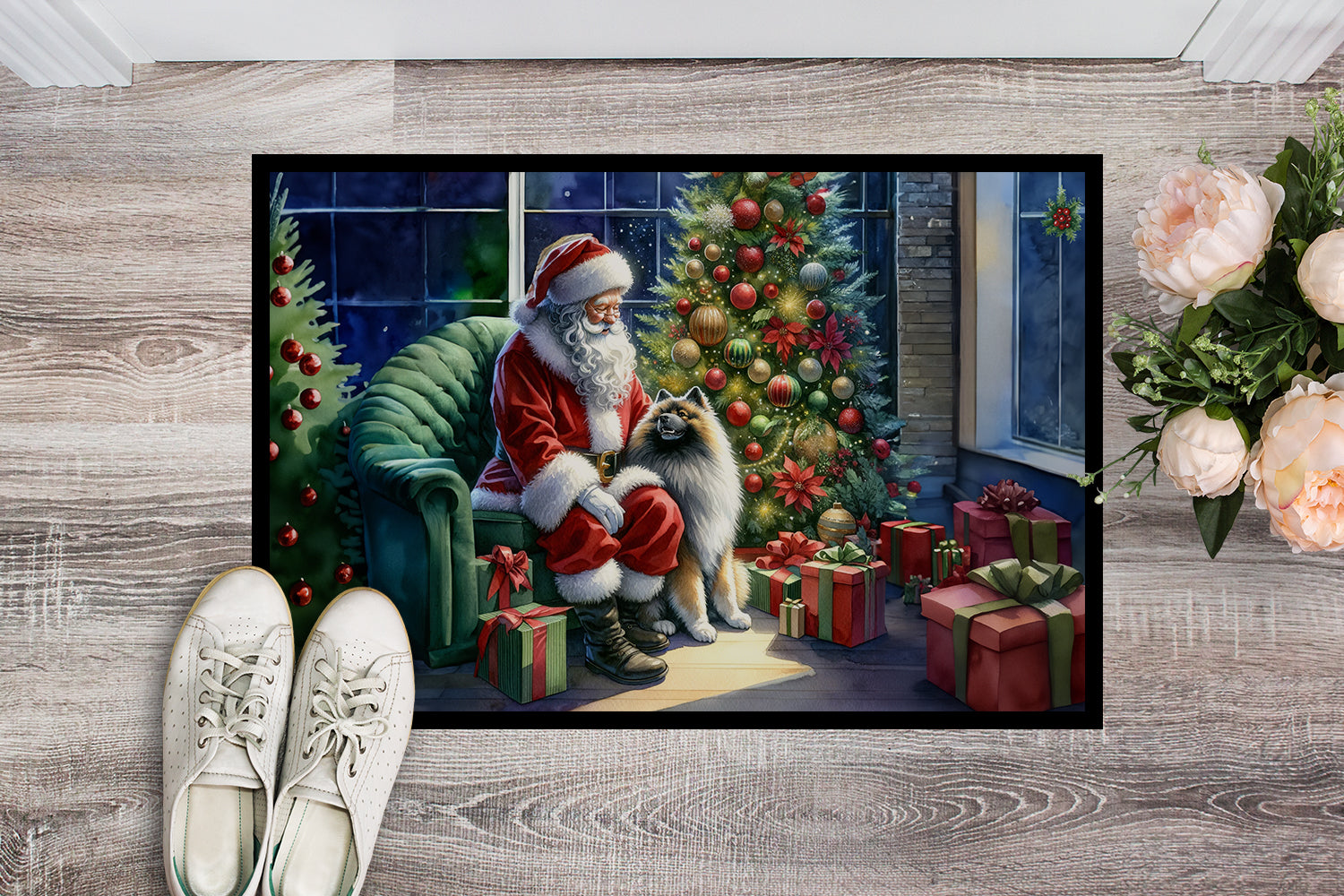 Keeshond and Santa Claus Doormat