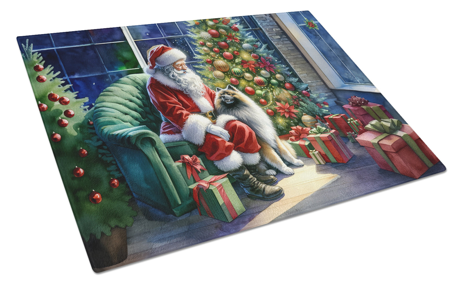 Buy this Keeshond and Santa Claus Glass Cutting Board