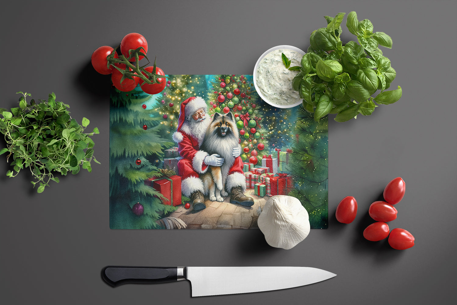 Keeshond and Santa Claus Glass Cutting Board