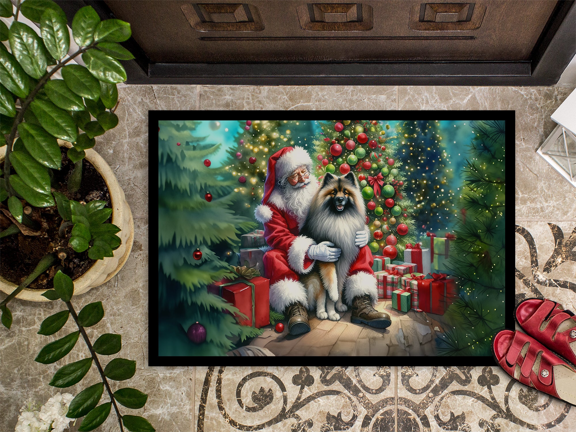 Keeshond and Santa Claus Doormat