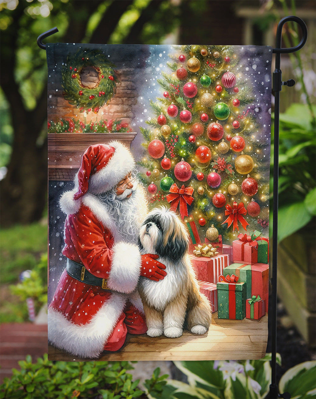 Lhasa Apso and Santa Claus Garden Flag