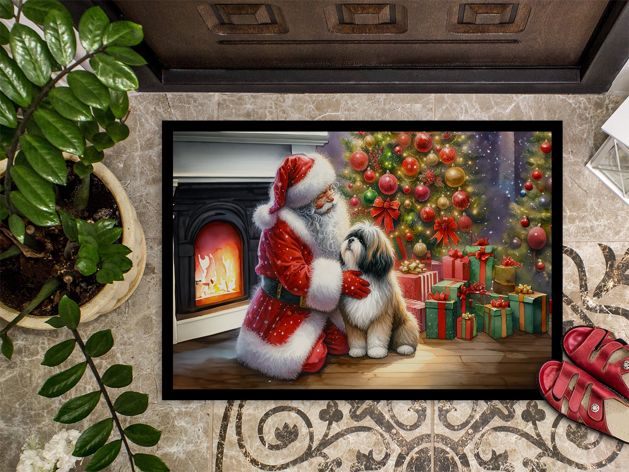 Lhasa Apso and Santa Claus Doormat