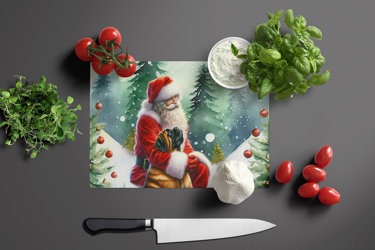 Mastiff and Santa Claus Glass Cutting Board