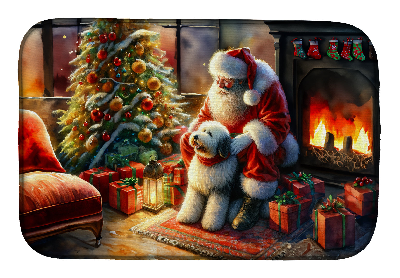 Buy this Old English Sheepdog and Santa Claus Dish Drying Mat