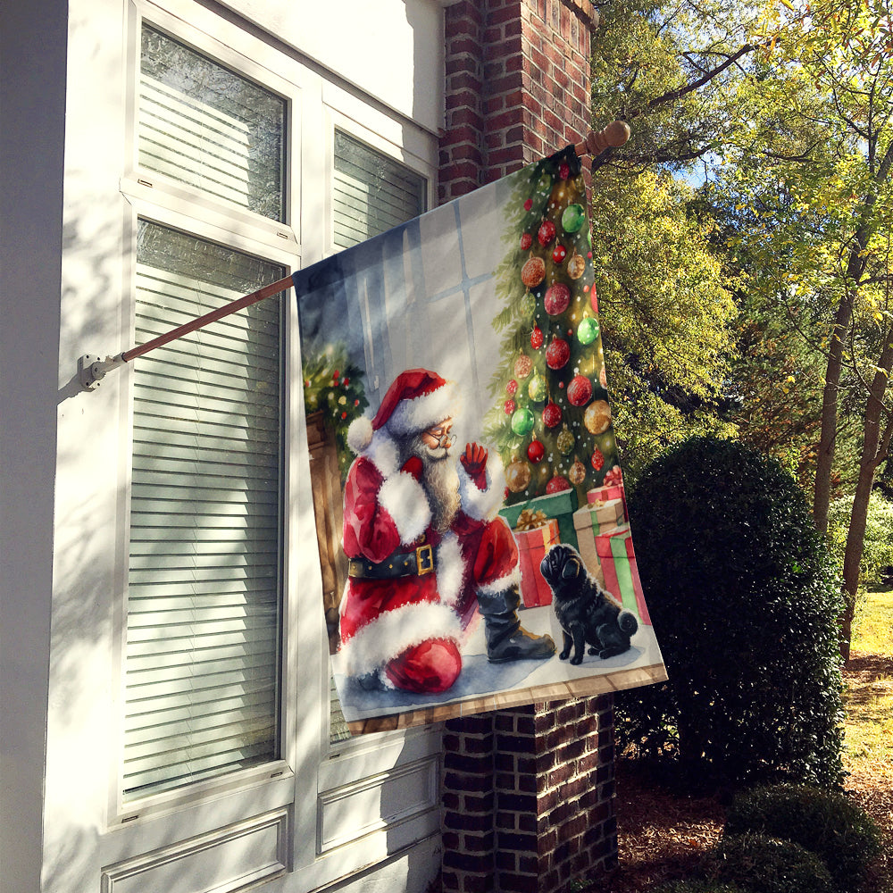 Black Pug and Santa Claus House Flag