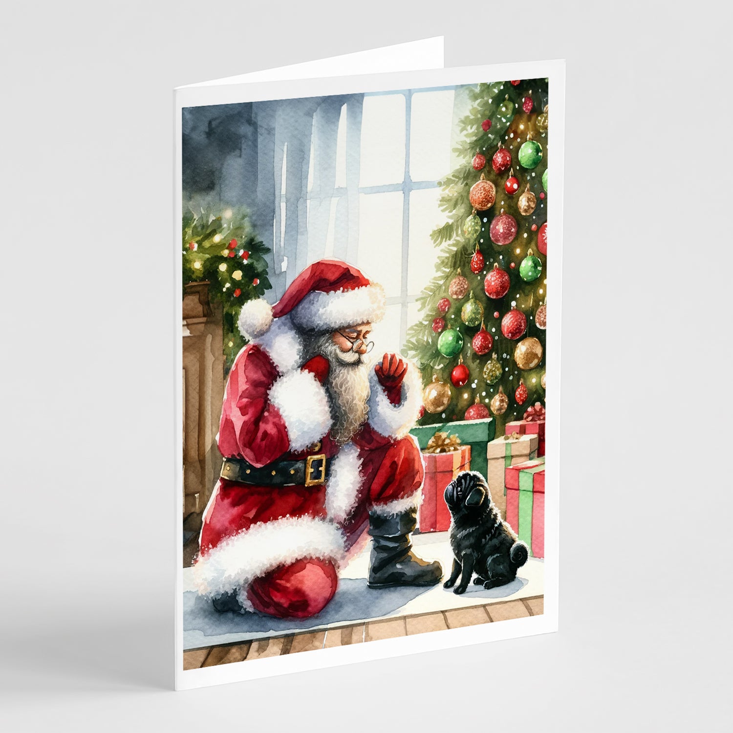 Buy this Black Pug and Santa Claus Greeting Cards Pack of 8