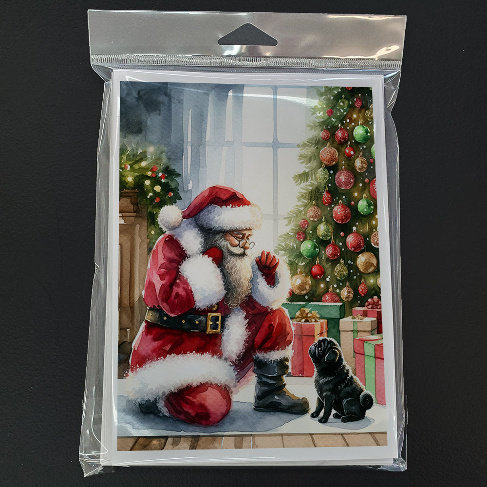 Black Pug and Santa Claus Greeting Cards Pack of 8