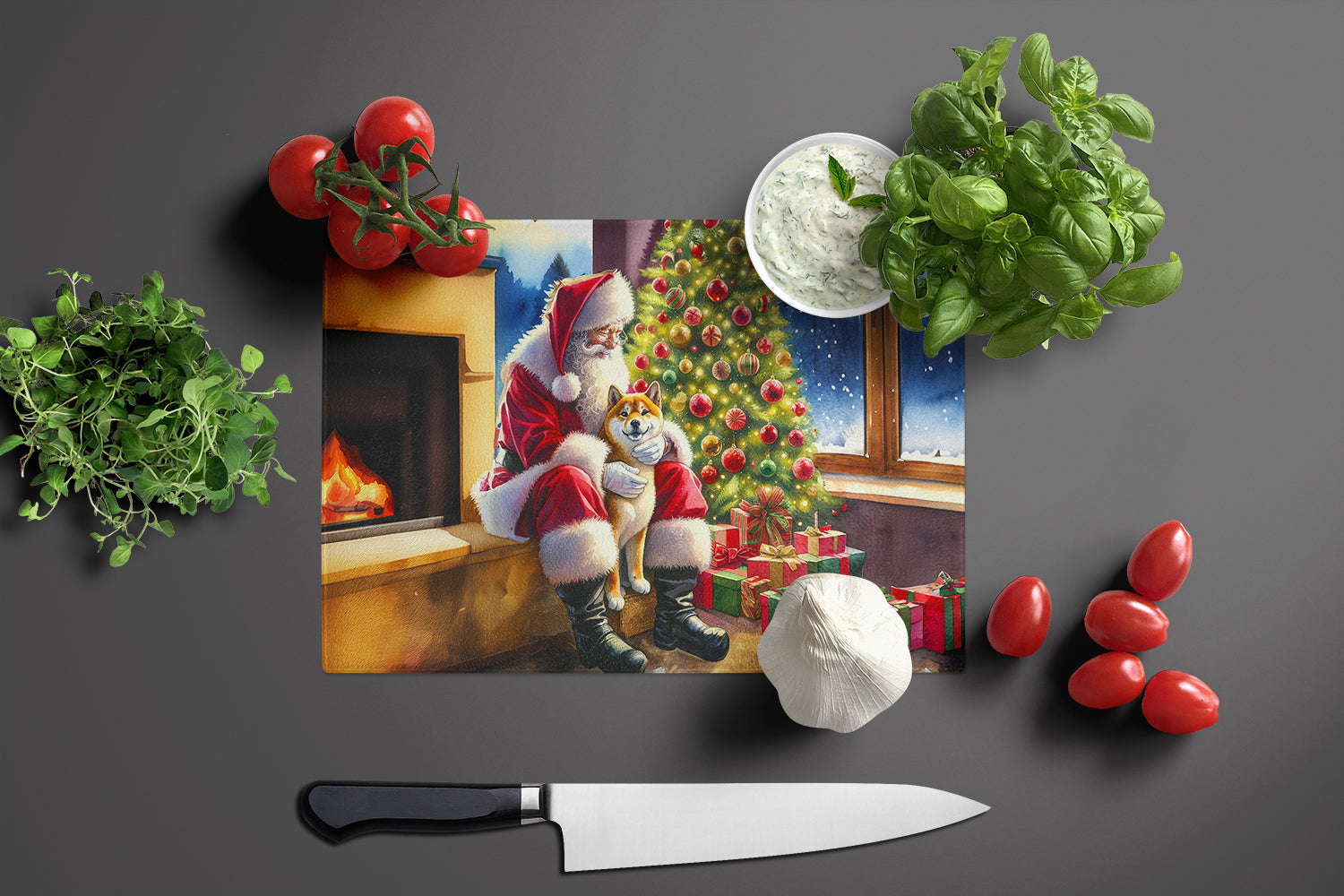 Shiba Inu and Santa Claus Glass Cutting Board