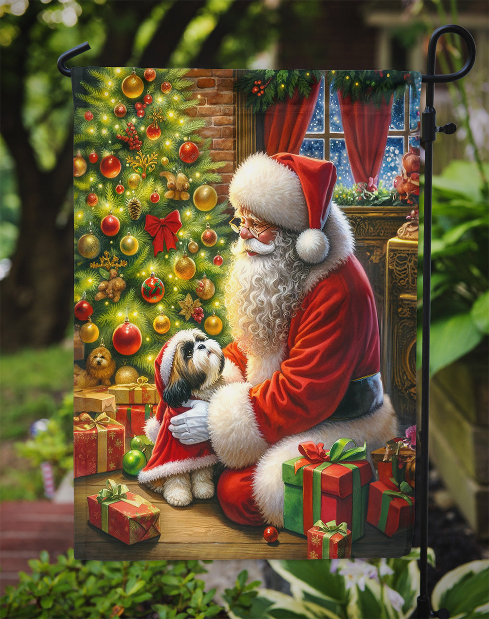 Shih Tzu and Santa Claus Garden Flag