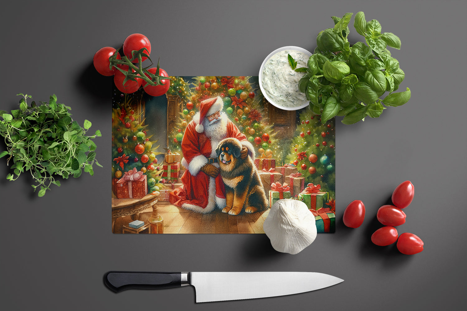 Tibetan Mastiff and Santa Claus Glass Cutting Board