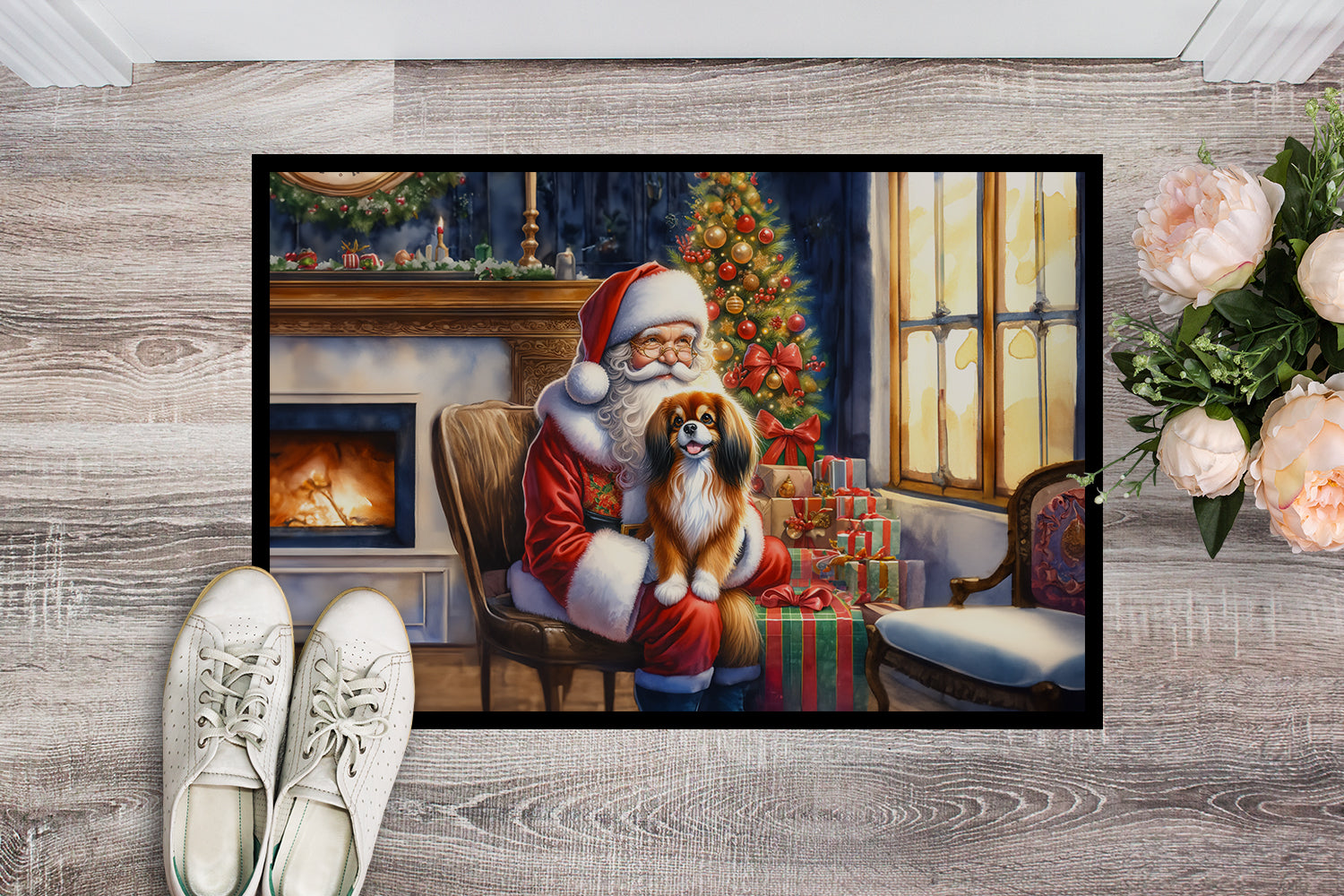 Tibetan Spaniel and Santa Claus Doormat