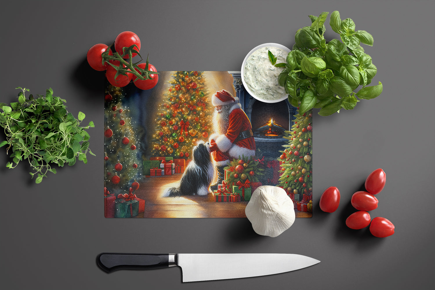 Tibetan Terrier and Santa Claus Glass Cutting Board