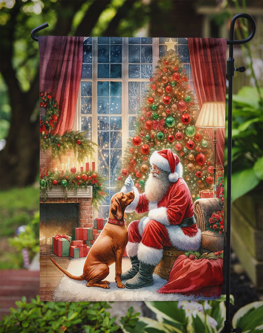 Vizsla and Santa Claus Garden Flag