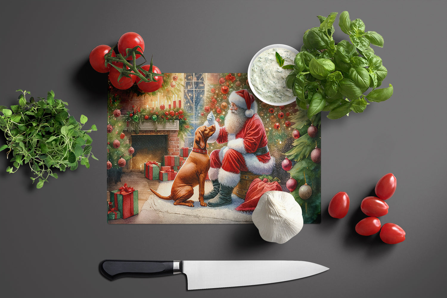 Vizsla and Santa Claus Glass Cutting Board