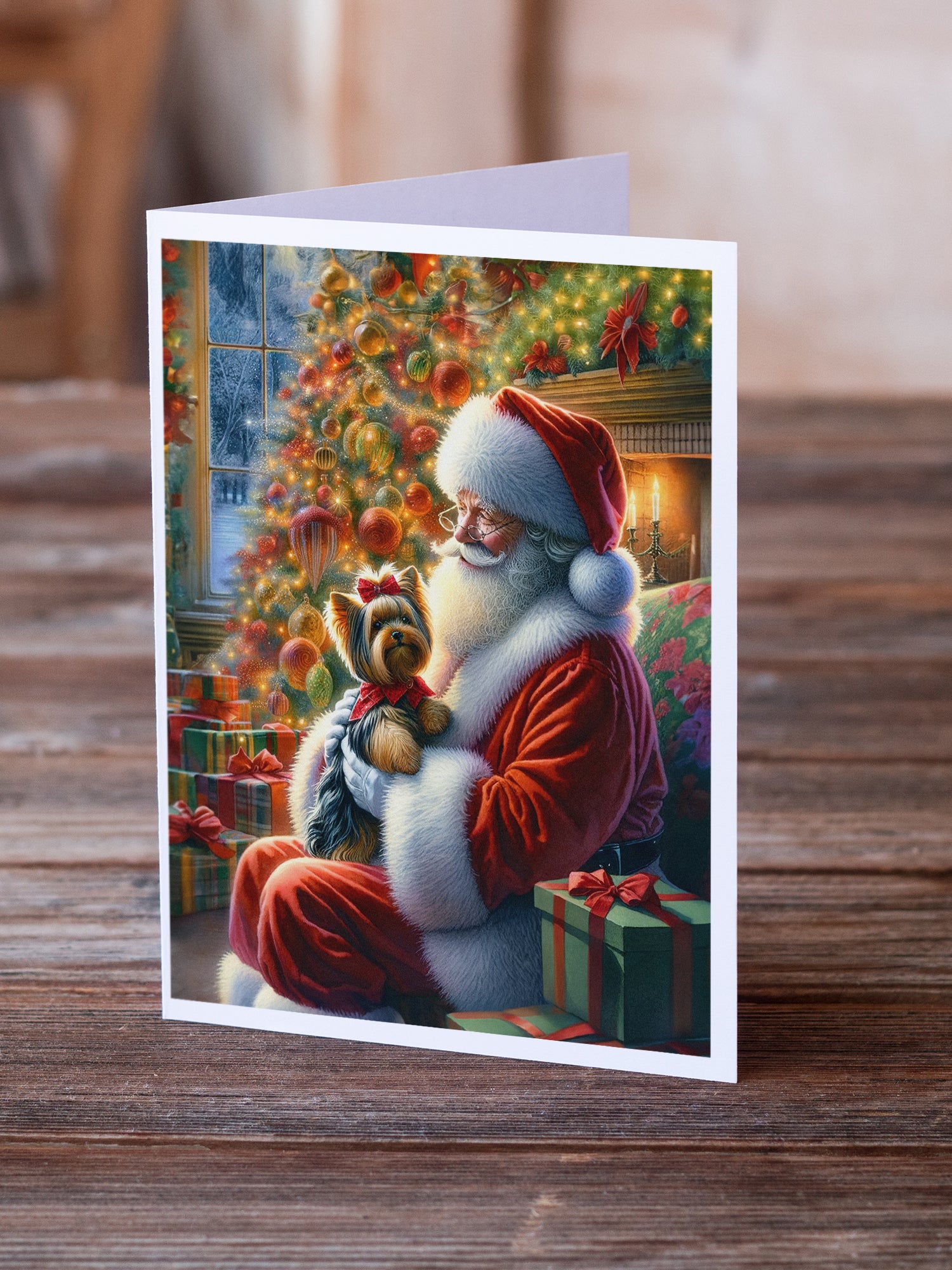 Yorkshire Terrier Yorkie and Santa Claus Greeting Cards Pack of 8