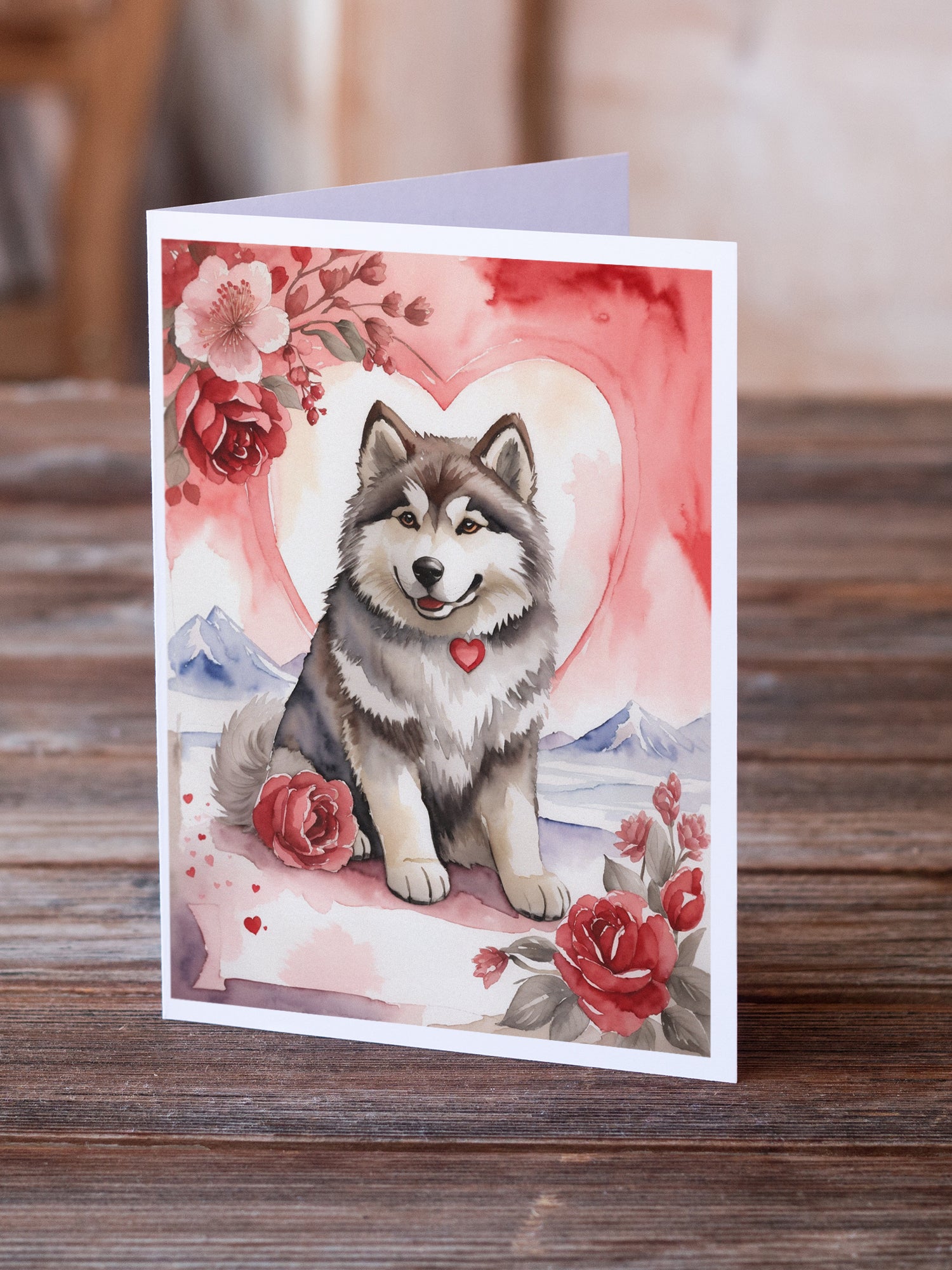 Alaskan Malamute Valentine Roses Greeting Cards Pack of 8