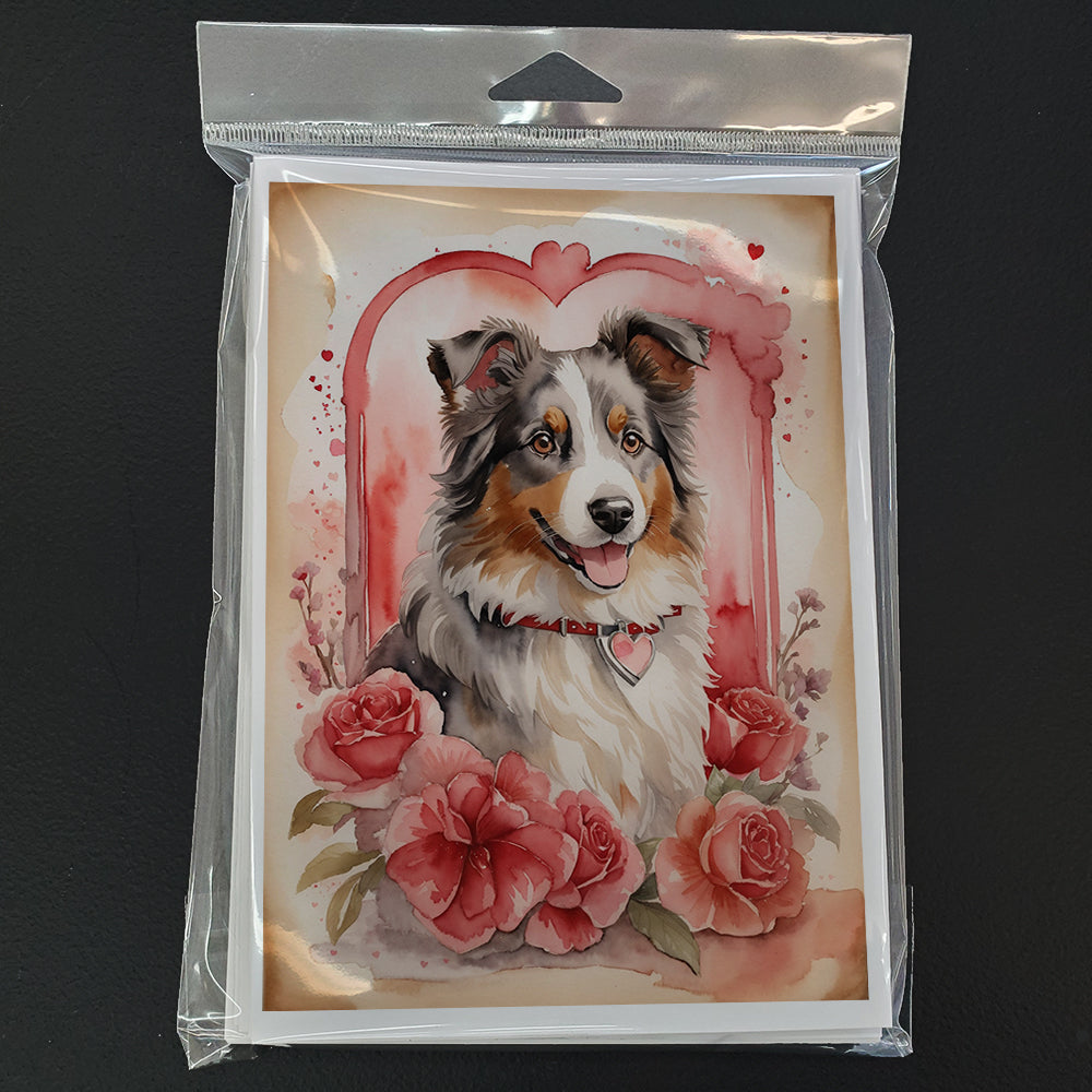 Australian Shepherd Valentine Roses Greeting Cards Pack of 8