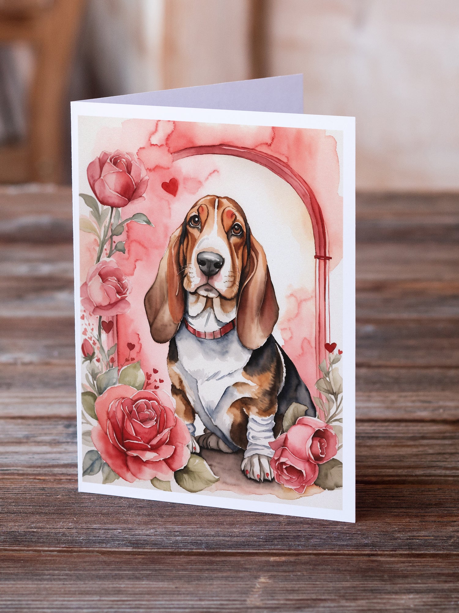 Buy this Basset Hound Valentine Roses Greeting Cards Pack of 8