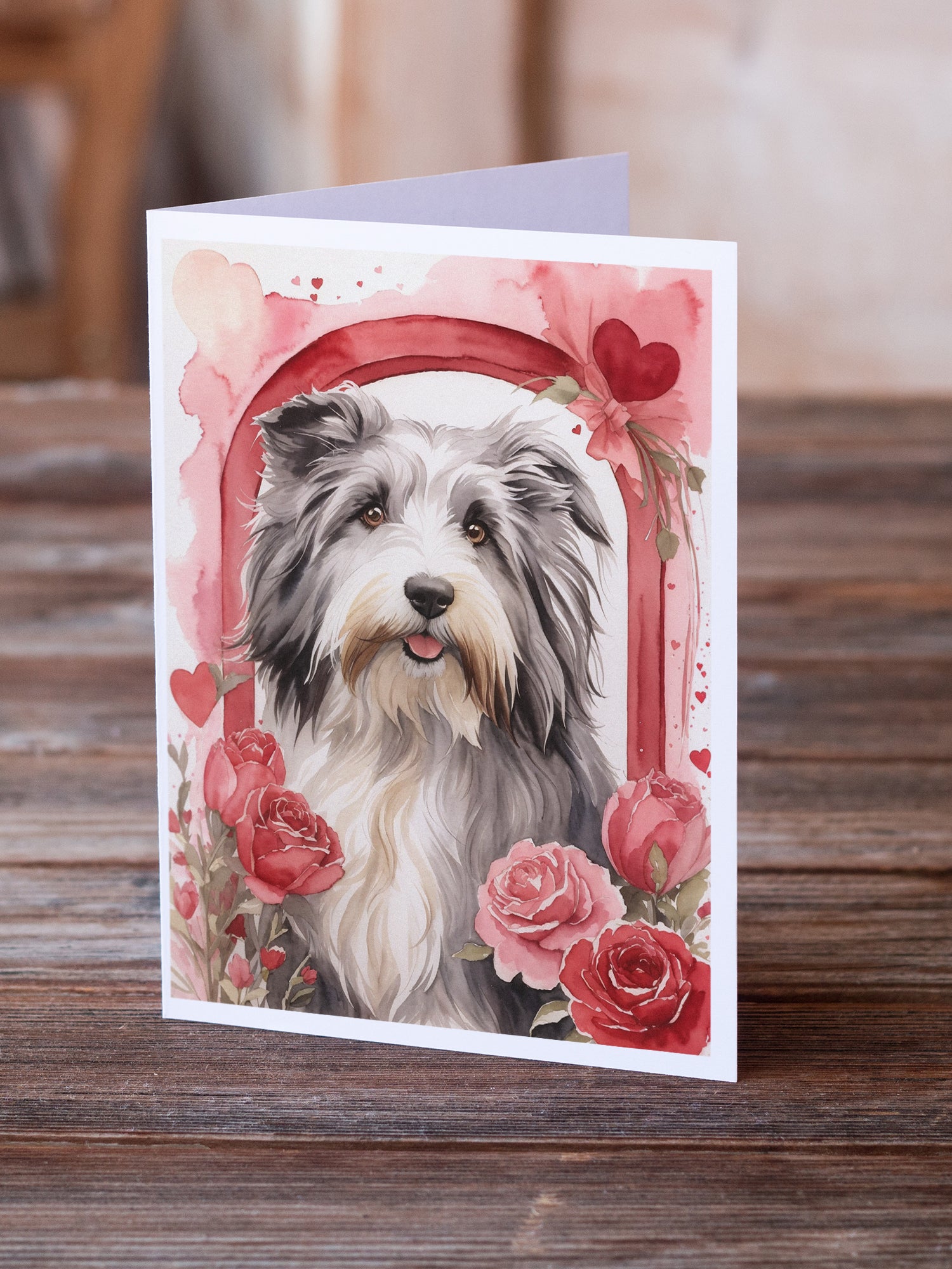 Bearded Collie Valentine Roses Greeting Cards Pack of 8