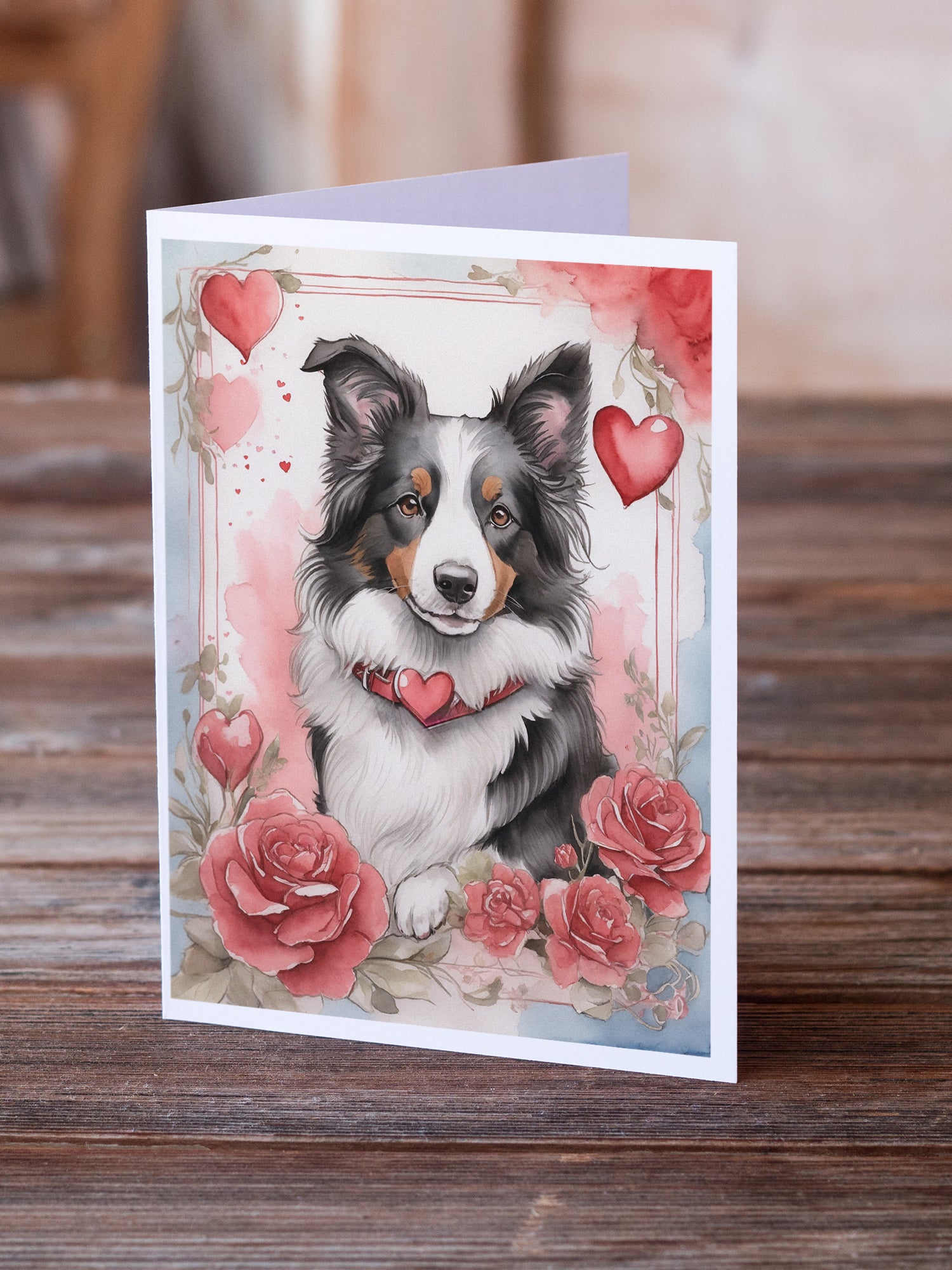 Border Collie Valentine Roses Greeting Cards Pack of 8