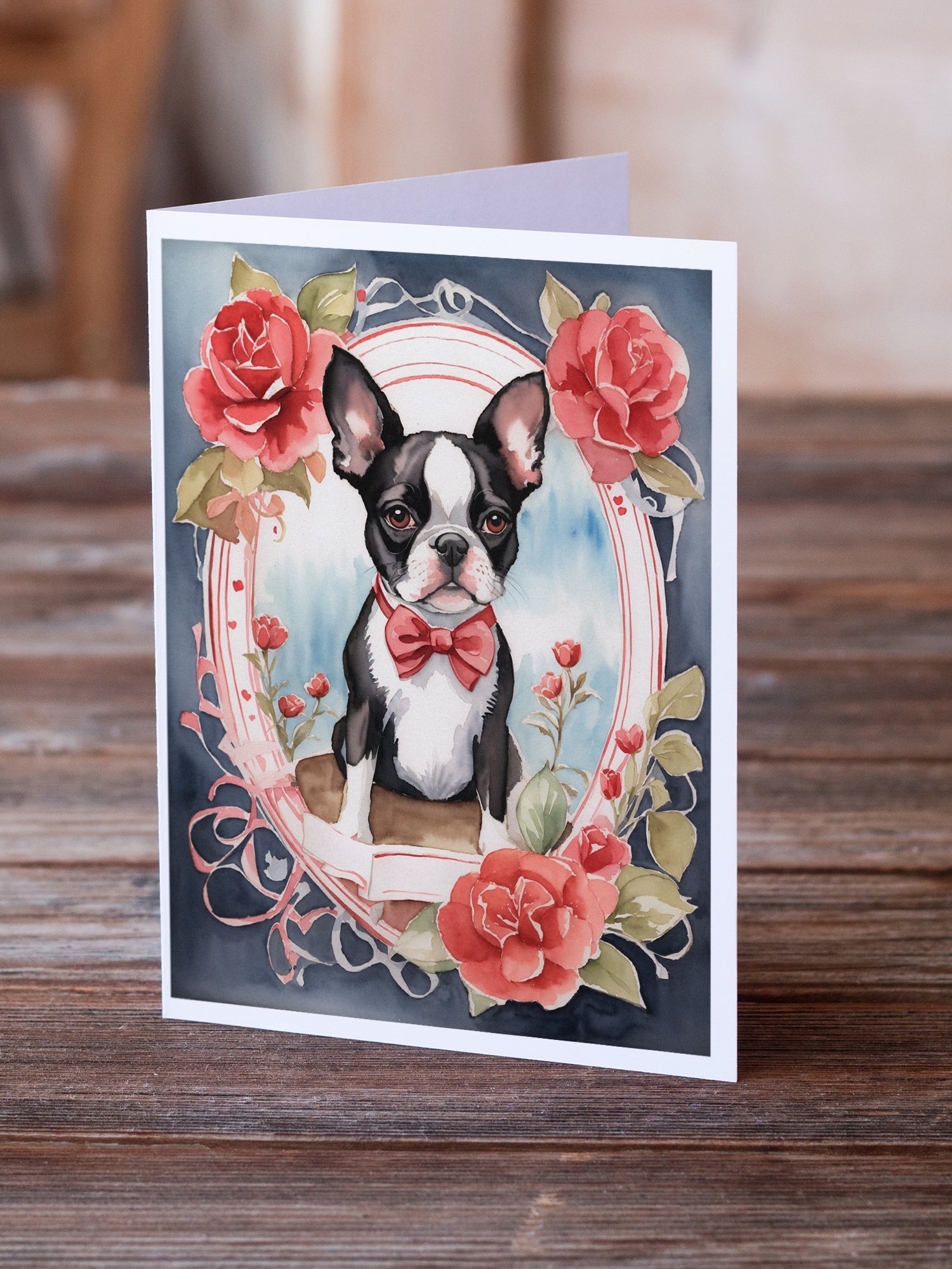 Buy this Boston Terrier Valentine Roses Greeting Cards Pack of 8