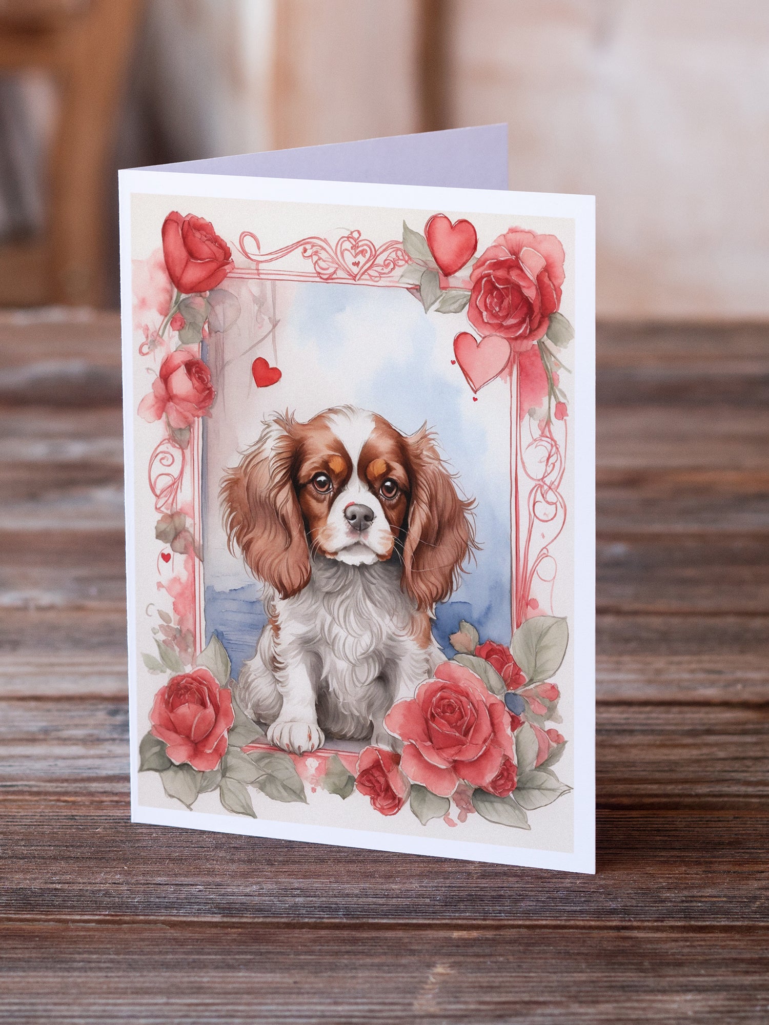 Buy this Cavalier Spaniel Valentine Roses Greeting Cards Pack of 8