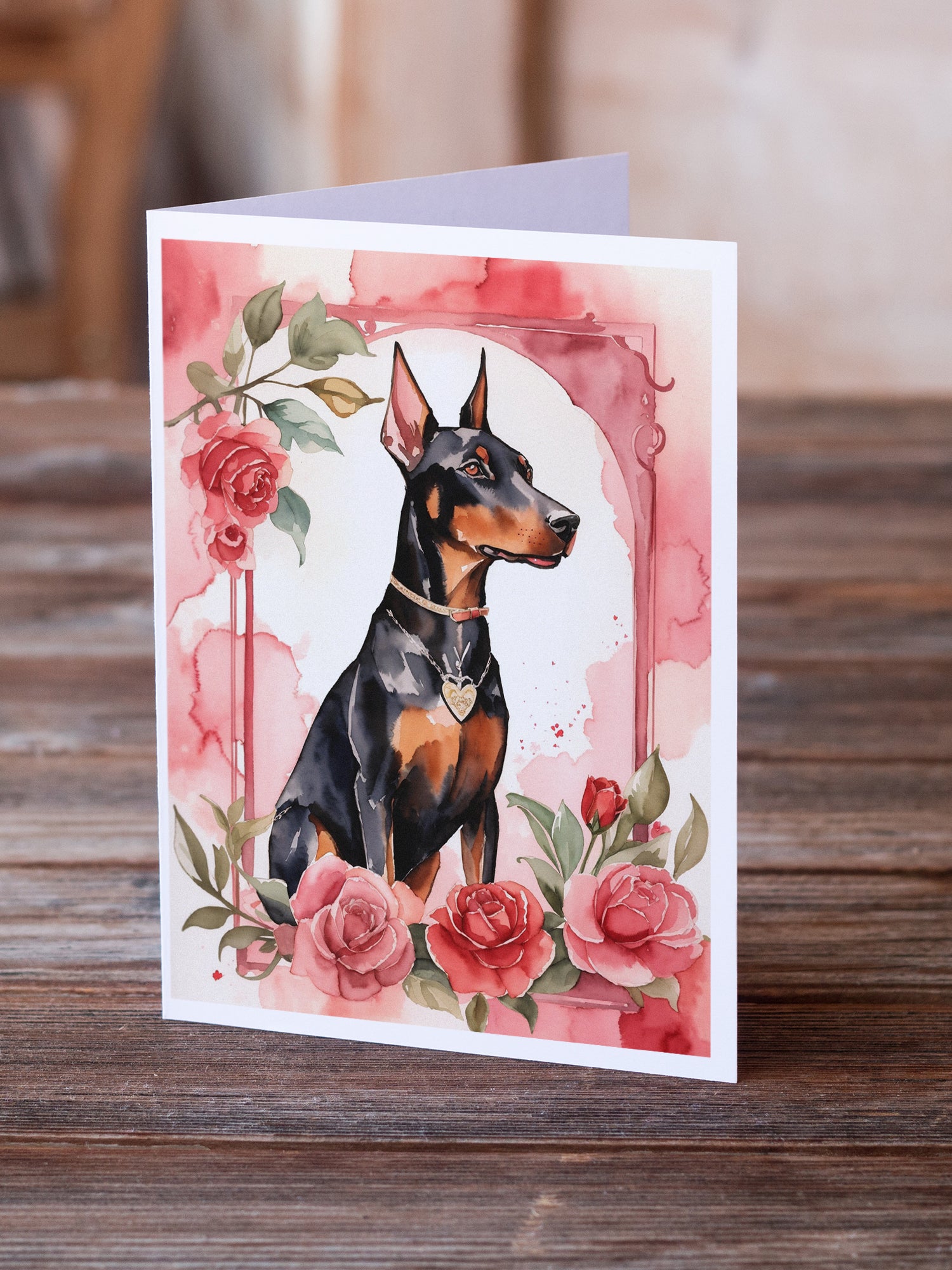 Doberman Pinscher Valentine Roses Greeting Cards Pack of 8