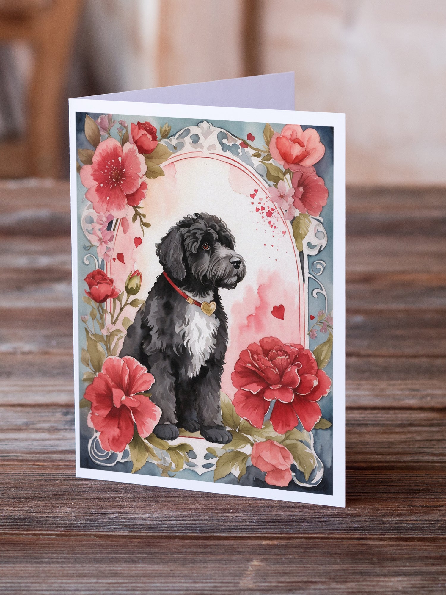 Buy this Portuguese Water Dog Valentine Roses Greeting Cards Pack of 8