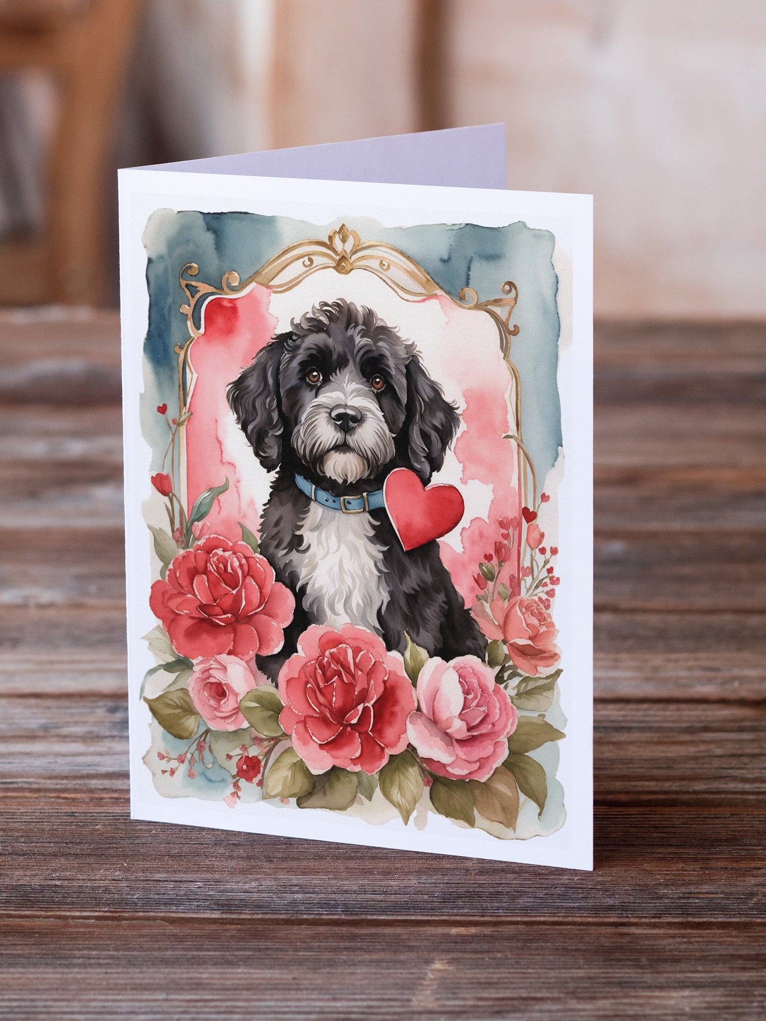 Buy this Portuguese Water Dog Valentine Roses Greeting Cards Pack of 8