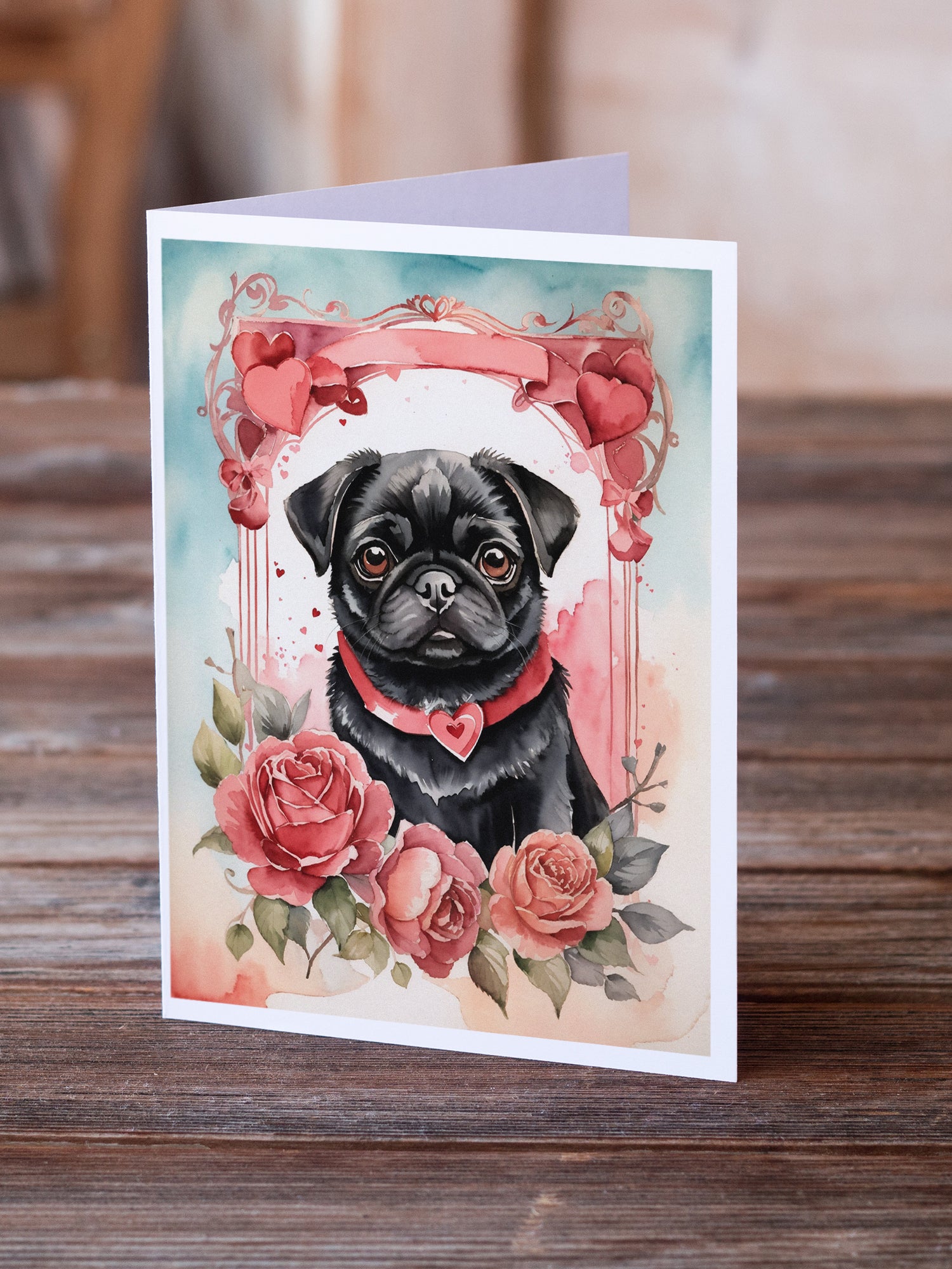 Black Pug Valentine Roses Greeting Cards Pack of 8