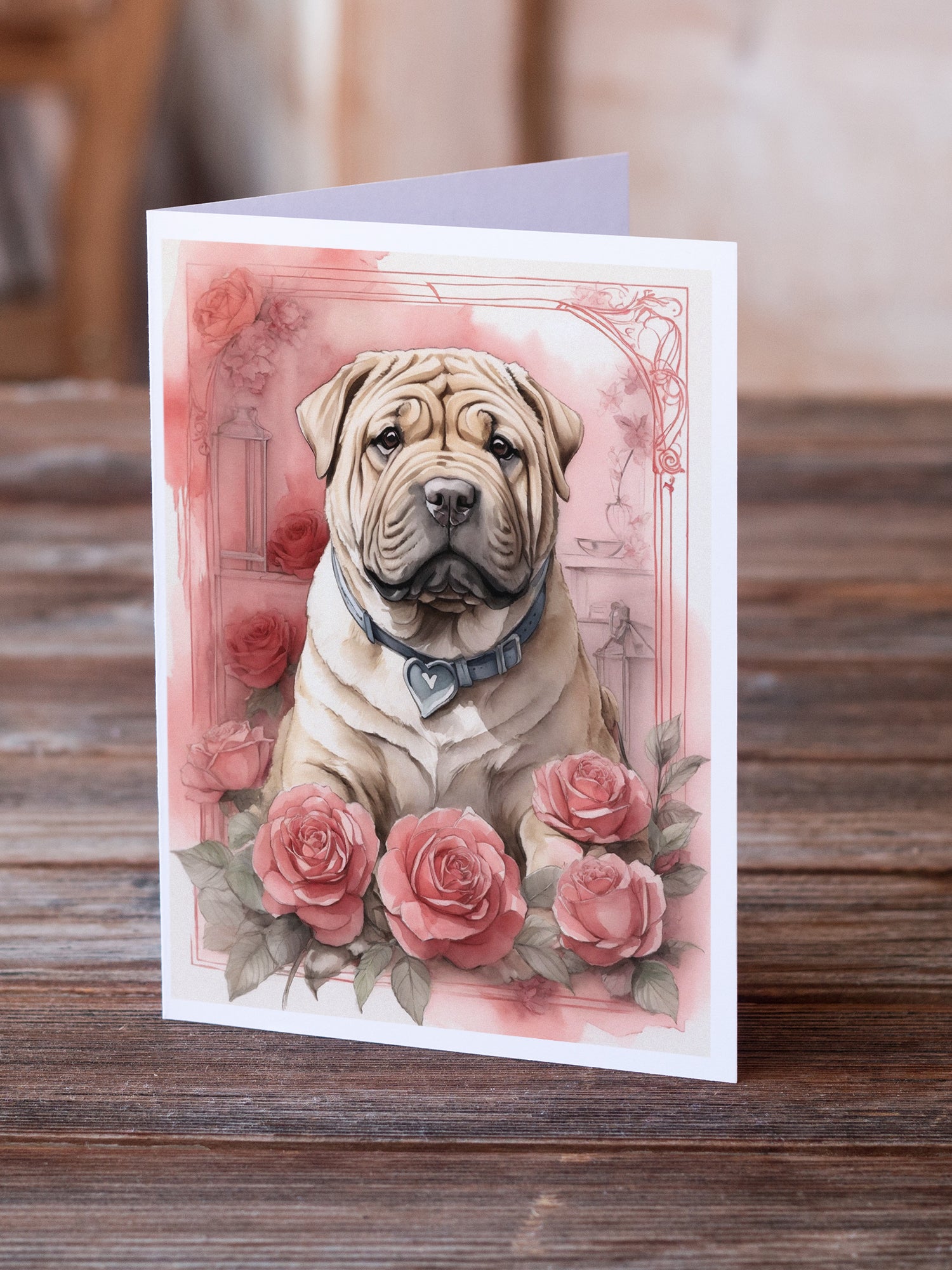 Shar Pei Valentine Roses Greeting Cards Pack of 8