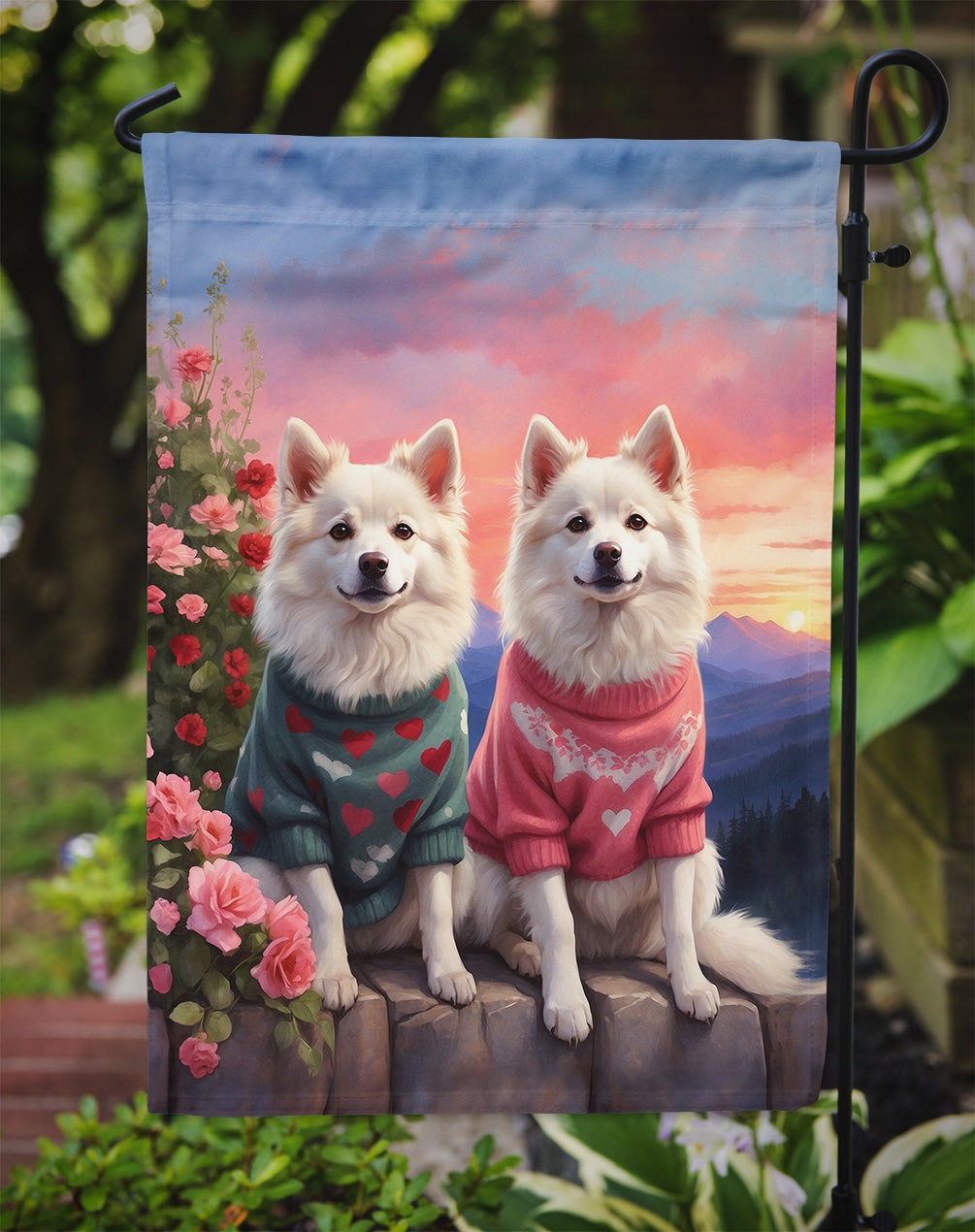 American Eskimo Two Hearts Garden Flag