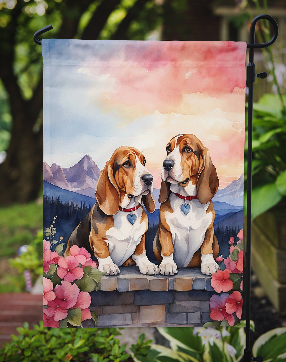 Basset Hound Two Hearts Garden Flag