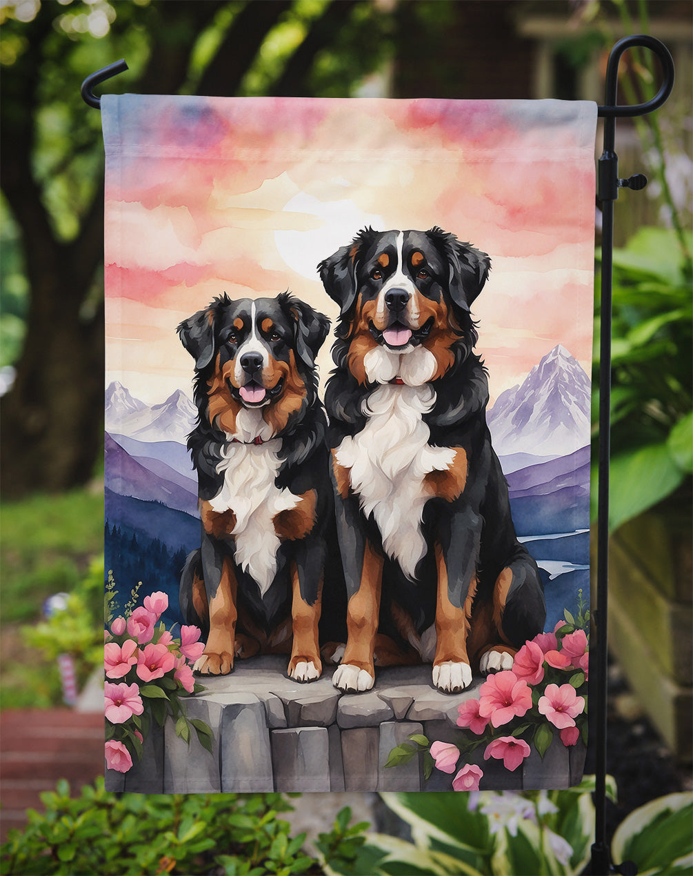 Bernese Mountain Dog Two Hearts Garden Flag