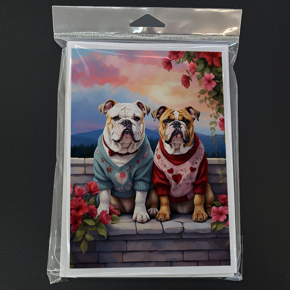 English Bulldog Two Hearts Greeting Cards Pack of 8