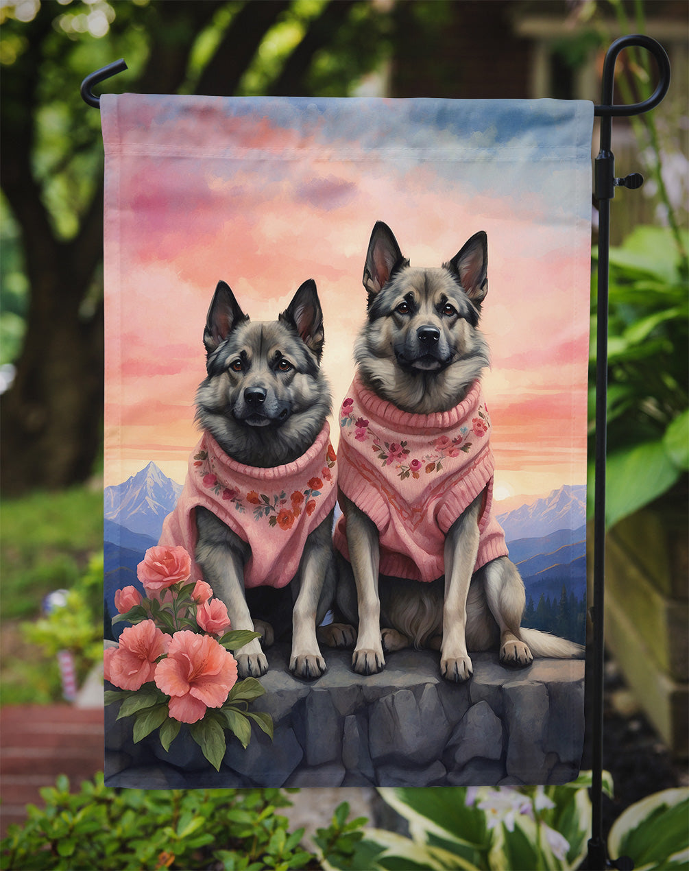 Norwegian Elkhound Two Hearts Garden Flag