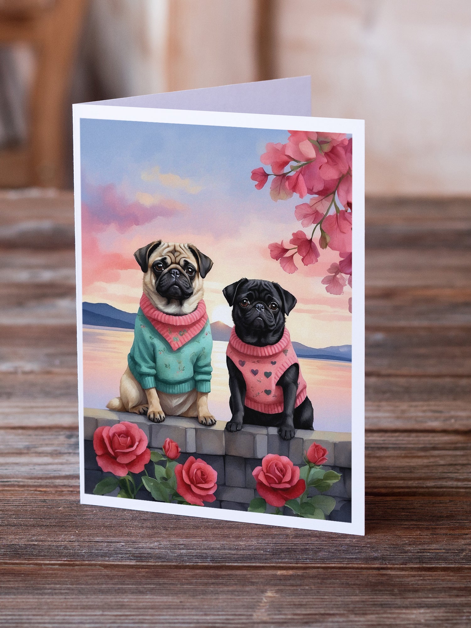 Pug Two Hearts Greeting Cards Pack of 8