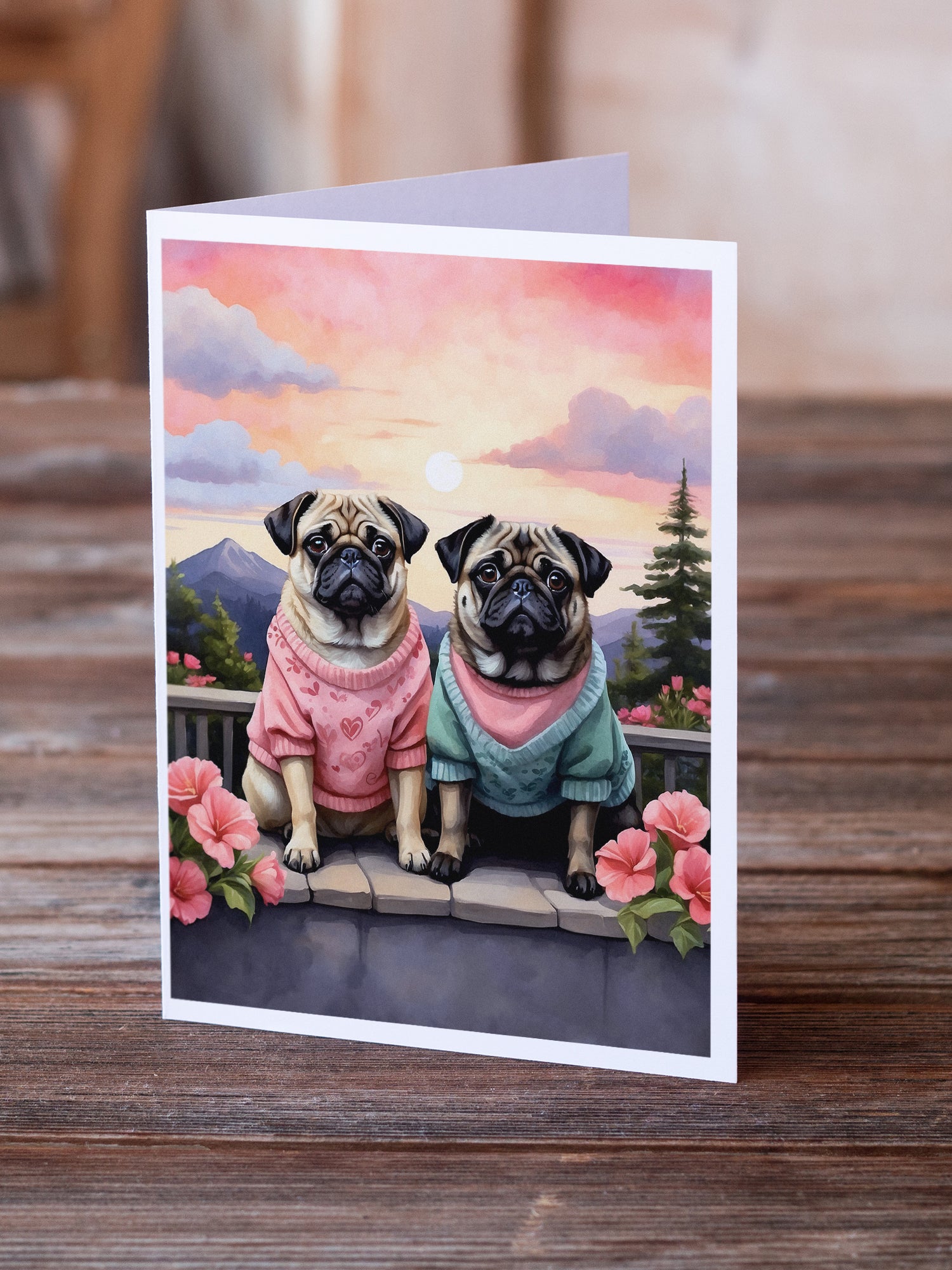 Pug Two Hearts Greeting Cards Pack of 8