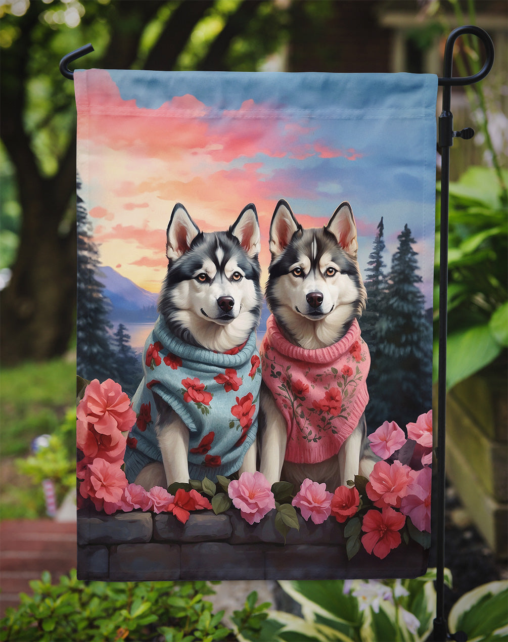 Siberian Husky Two Hearts Garden Flag